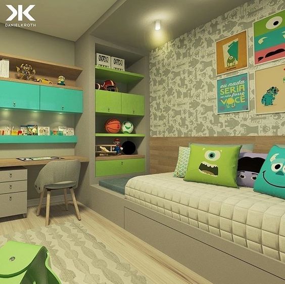 Un dormitorio inspirado en la película Monstruos SA